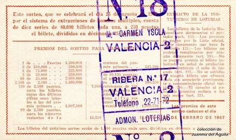 Reverso del décimo de Lotería Nacional de 1966 Sorteo 24