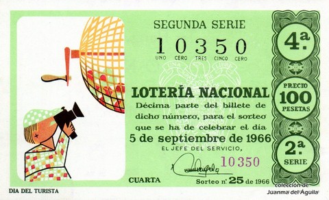 Décimo de Lotería Nacional de 1966 Sorteo 25 - DIA DEL TURISTA