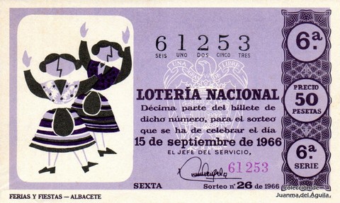 Décimo de Lotería Nacional de 1966 Sorteo 26 - FERIAS Y FIESTAS -- ALBACETE
