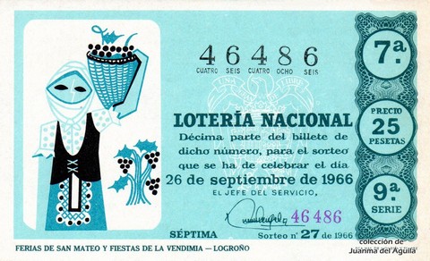 Décimo de Lotería Nacional de 1966 Sorteo 27 - FERIAS DE SAN MATEO Y FIESTAS DE LA VENDIMIA -- LOGROÑO