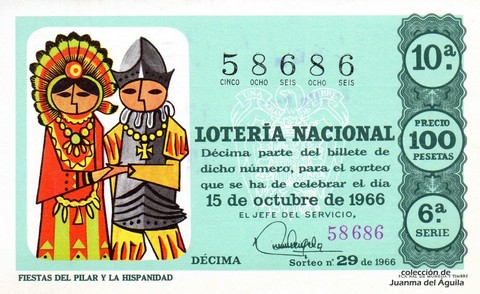 Décimo de Lotería Nacional de 1966 Sorteo 29 - FIESTAS DEL PILAR Y LA HISPANIDAD