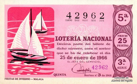 Décimo de Lotería Nacional de 1966 Sorteo 3 - FIESTAS DE INVIERNO - MALAGA