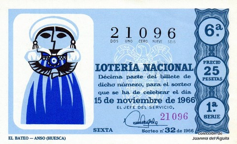 Décimo de Lotería Nacional de 1966 Sorteo 32 - EL BATEO -- ANSO (HUESCA)