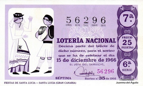 Décimo de Lotería Nacional de 1966 Sorteo 35 - FIESTAS DE SANTA LUCIA -- SANTA LUCIA (GRAN CANARIA)