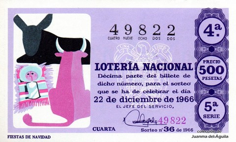 Décimo de Lotería Nacional de 1966 Sorteo 36 - FIESTAS DE NAVIDAD