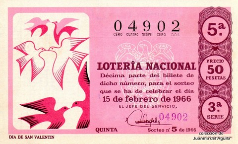 Décimo de Lotería Nacional de 1966 Sorteo 5 - DIA DE SAN VALENTIN
