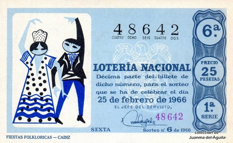 Décimo de Lotería Nacional de 1966 Sorteo 6 - FIESTAS FOLKLORICAS -- CADIZ