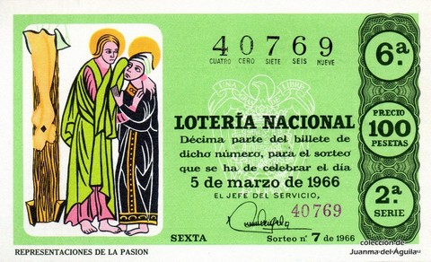 Décimo de Lotería Nacional de 1966 Sorteo 7 - REPRESENTACIONES DE LA PASION
