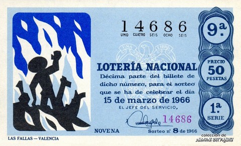 Décimo de Lotería Nacional de 1966 Sorteo 8 - LAS FALLAS - VALENCIA