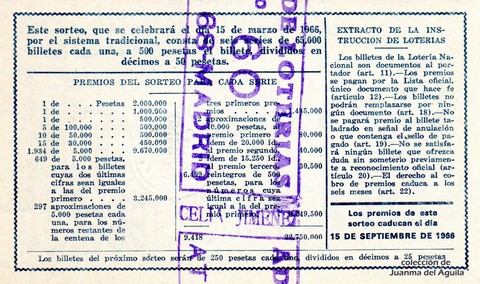 Reverso del décimo de Lotería Nacional de 1966 Sorteo 8