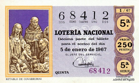 Décimo de Lotería Nacional de 1967 Sorteo 1 - RETABLO DE COVARRUBIAS