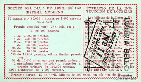 Reverso del décimo de Lotería Nacional de 1967 Sorteo 10