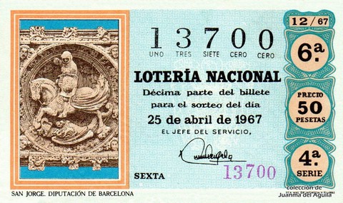 Décimo de Lotería Nacional de 1967 Sorteo 12 - SAN JORGE. DIPUTACIÓN DE BARCELONA