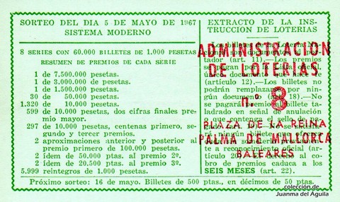 Reverso del décimo de Lotería Nacional de 1967 Sorteo 13