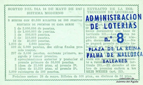 Reverso décimo de Lotería 1967 / 14
