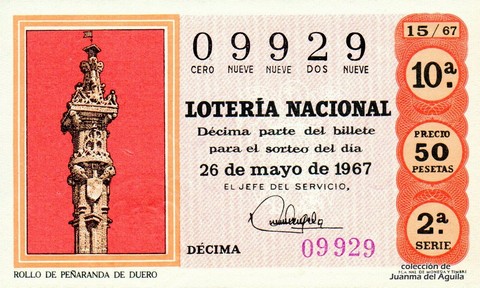 Décimo de Lotería Nacional de 1967 Sorteo 15 - ROLLO DE PEÑARANDA DE DUERO