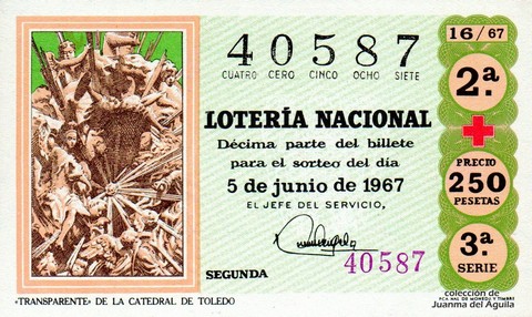 Décimo de Lotería Nacional de 1967 Sorteo 16 - «TRANSPARENTE» DE LA CATEDRAL DE TOLEDO