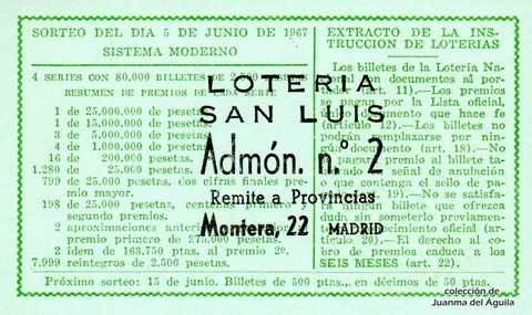 Reverso del décimo de Lotería Nacional de 1967 Sorteo 16