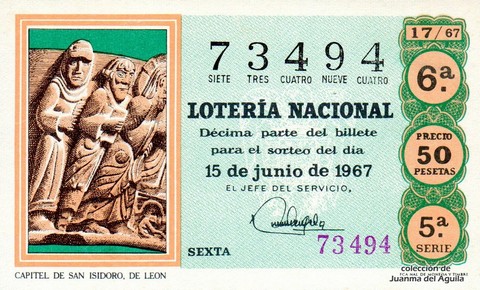 Décimo de Lotería Nacional de 1967 Sorteo 17 - CAPITEL DE SAN ISIDORO, DE LEON