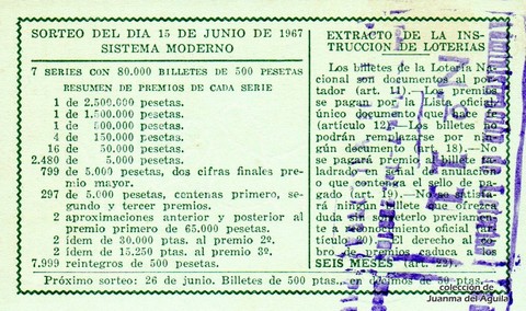 Reverso del décimo de Lotería Nacional de 1967 Sorteo 17