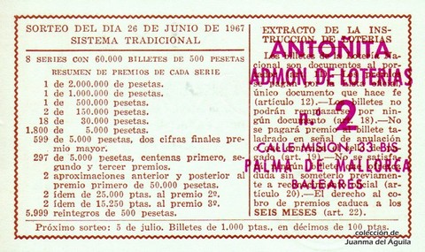 Reverso décimo de Lotería 1967 / 18