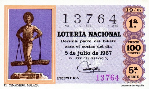 Décimo de Lotería Nacional de 1967 Sorteo 19 - EL CENACHERO. MALAGA