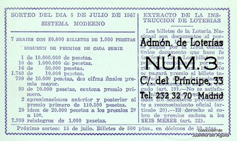 Reverso décimo de Lotería 1967 / 19