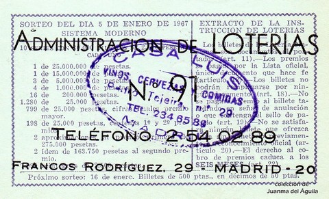 Reverso décimo de Lotería 1967 / 1