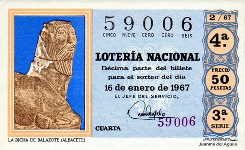 Décimo de Lotería Nacional de 1967 Sorteo 2 - LA BICHA DE BALAZOTE (ALBACETE)