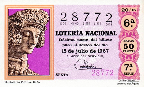 Décimo de Lotería Nacional de 1967 Sorteo 20 - TERRACOTA PÚNICA. IBIZA
