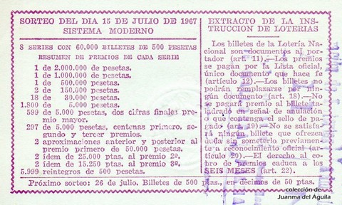 Reverso del décimo de Lotería Nacional de 1967 Sorteo 20