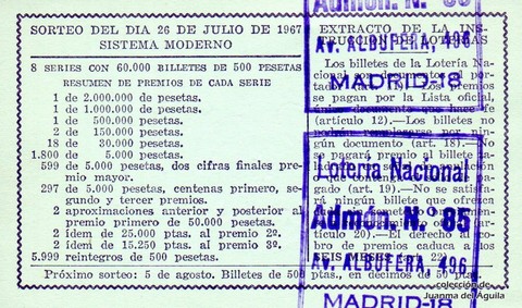 Reverso del décimo de Lotería Nacional de 1967 Sorteo 21