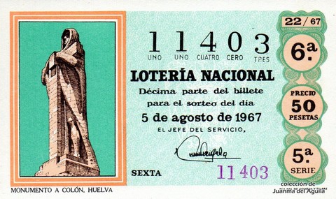 Décimo de Lotería Nacional de 1967 Sorteo 22 - MONUMENTO A COLÓN, HUELVA