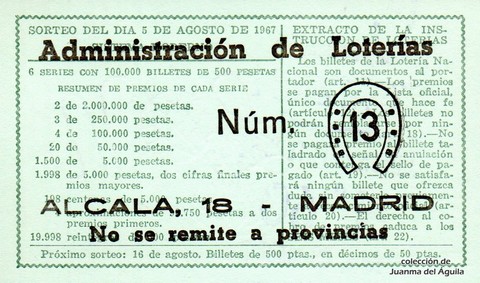Reverso del décimo de Lotería Nacional de 1967 Sorteo 22