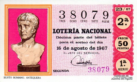 Décimo de Lotería Nacional de 1967 Sorteo 23 - BUSTO ROMANO. ANTEQUERA