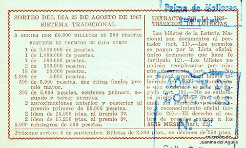 Reverso del décimo de Lotería Nacional de 1967 Sorteo 24