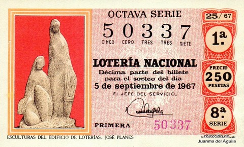 Décimo de Lotería Nacional de 1967 Sorteo 25 - ESCULTURAS DEL EDIFICIO DE LOTERÍAS. JOSÉ PLANES