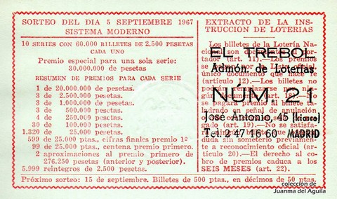 Reverso del décimo de Lotería Nacional de 1967 Sorteo 25
