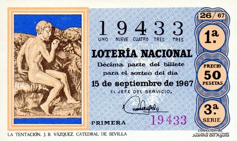 Décimo de Lotería Nacional de 1967 Sorteo 26 - LA TENTACIÓN. J. B. VÁZQUEZ. CATEDRAL DE SEVILLA