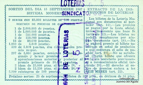 Reverso del décimo de Lotería Nacional de 1967 Sorteo 26