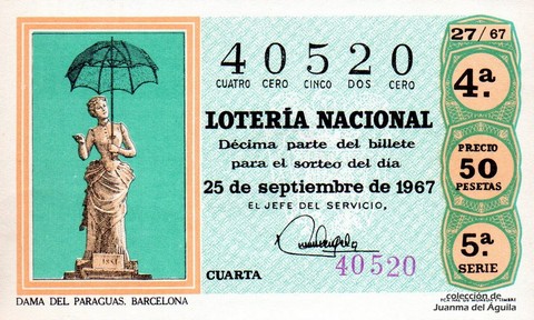 Décimo de Lotería Nacional de 1967 Sorteo 27 - DAMA DEL PARAGUAS. BARCELONA