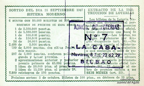 Reverso del décimo de Lotería Nacional de 1967 Sorteo 27