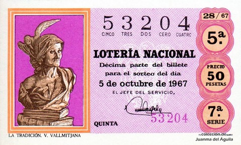 Décimo de Lotería Nacional de 1967 Sorteo 28 - LA TRADICIÓN. V. VALLMITJANA