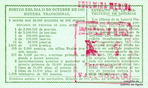 Reverso décimo de Lotería 1967 / 30