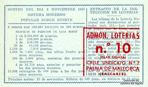 Reverso del décimo de Lotería Nacional de 1967 Sorteo 31