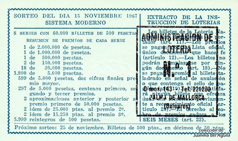 Reverso del décimo de Lotería Nacional de 1967 Sorteo 32