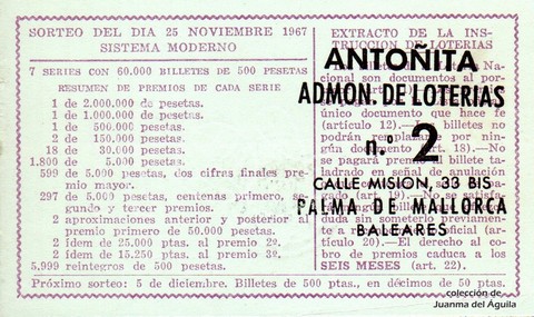 Reverso décimo de Lotería 1967 / 33