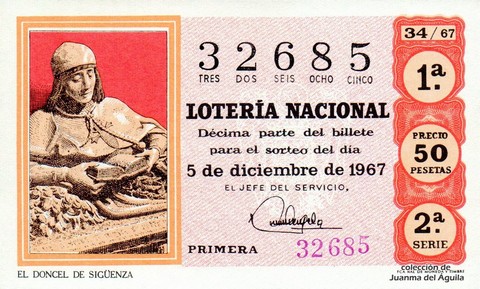 Décimo de Lotería Nacional de 1967 Sorteo 34 - EL DONCEL DE SIGÜENZA