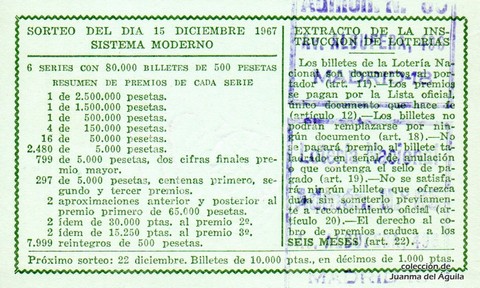 Reverso del décimo de Lotería Nacional de 1967 Sorteo 35