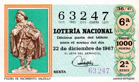 Décimo de Lotería Nacional de 1967 Sorteo 36 - FIGURA DE NACIMIENTO. SALZILLO